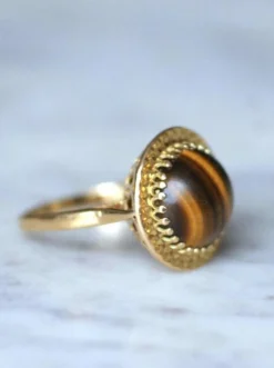 Bague cocktail vintage or jaune et quartz oeil de tigre