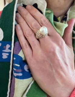 Bague cocktail vintage perle diamants or jaune