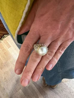 Bague cocktail vintage perle diamants or jaune