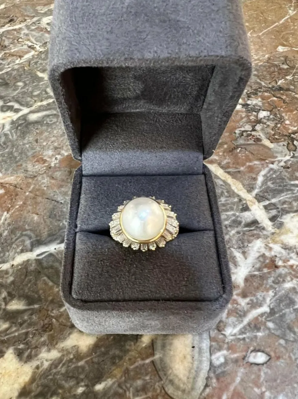 Bague cocktail vintage perle diamants or jaune