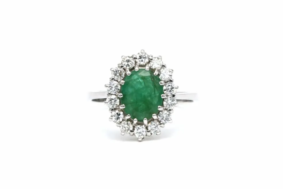 Bague contemporaine en or blanc 18 carats sertie d'une émeraude et de diamants