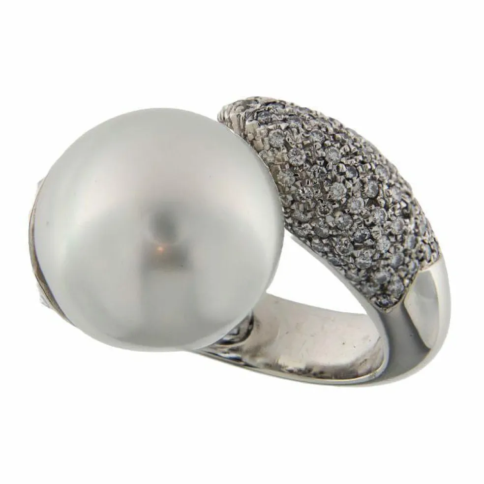 Bague contrarié en or blanc avec perle et diamants de 1,51 ct