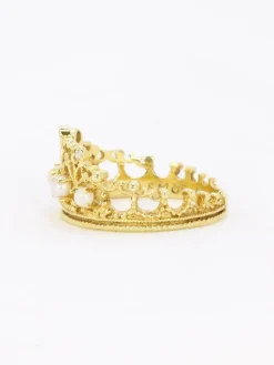 Bague couronne or jaune diamants perles