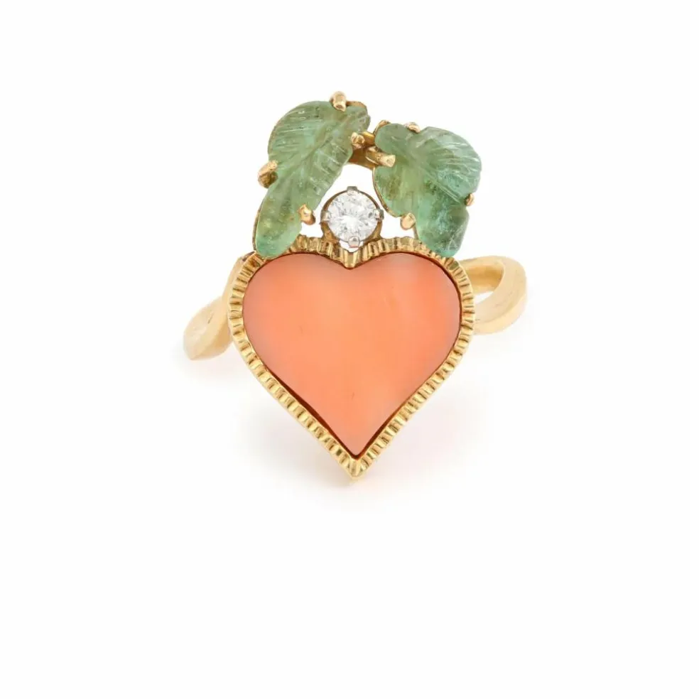 Bague cœur corail émeraudes diamant or jaune