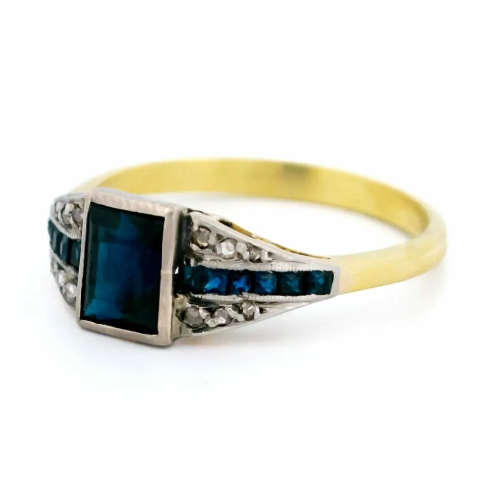 Bague déco en or jaune 14 carats avec diamants et saphirs