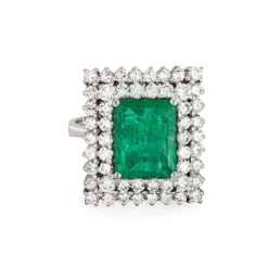 Bague de cocktail carrée en or blanc 18 carats avec diamants et émeraude