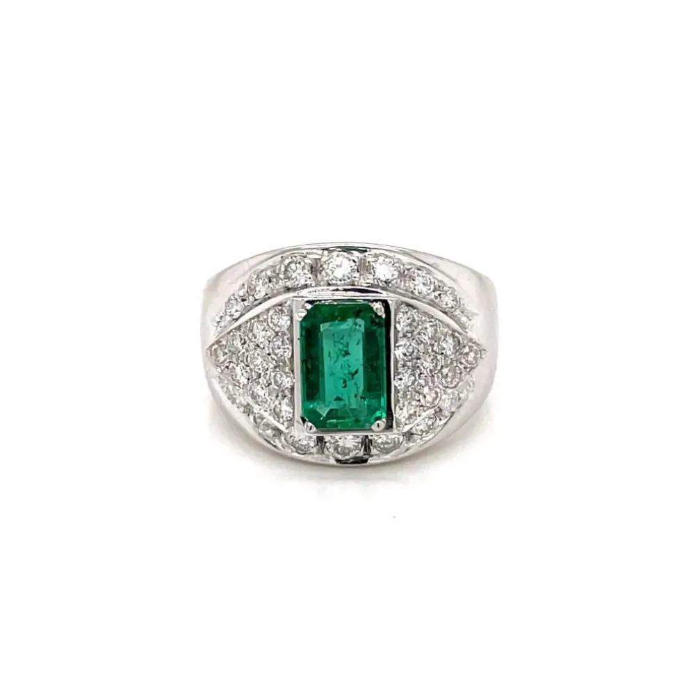 Bague de cocktail colombienne rétro en diamant émeraude