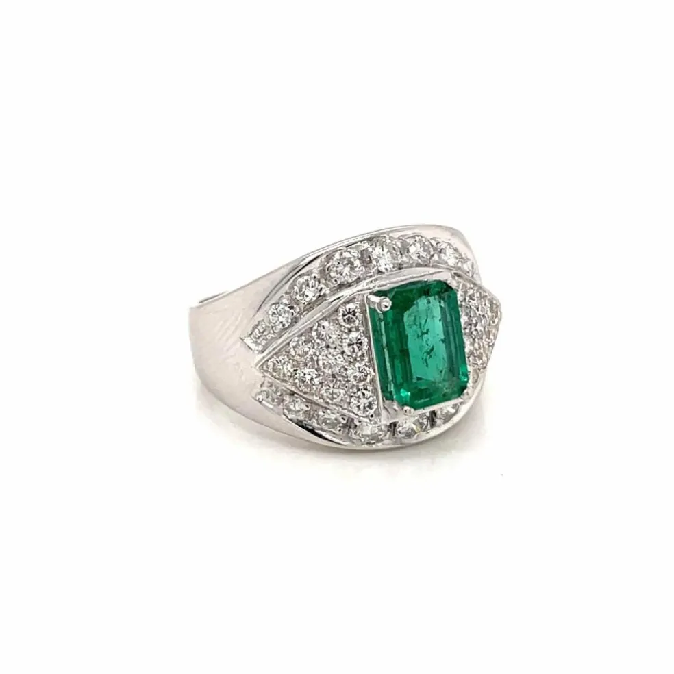 Bague de cocktail colombienne rétro en diamant émeraude