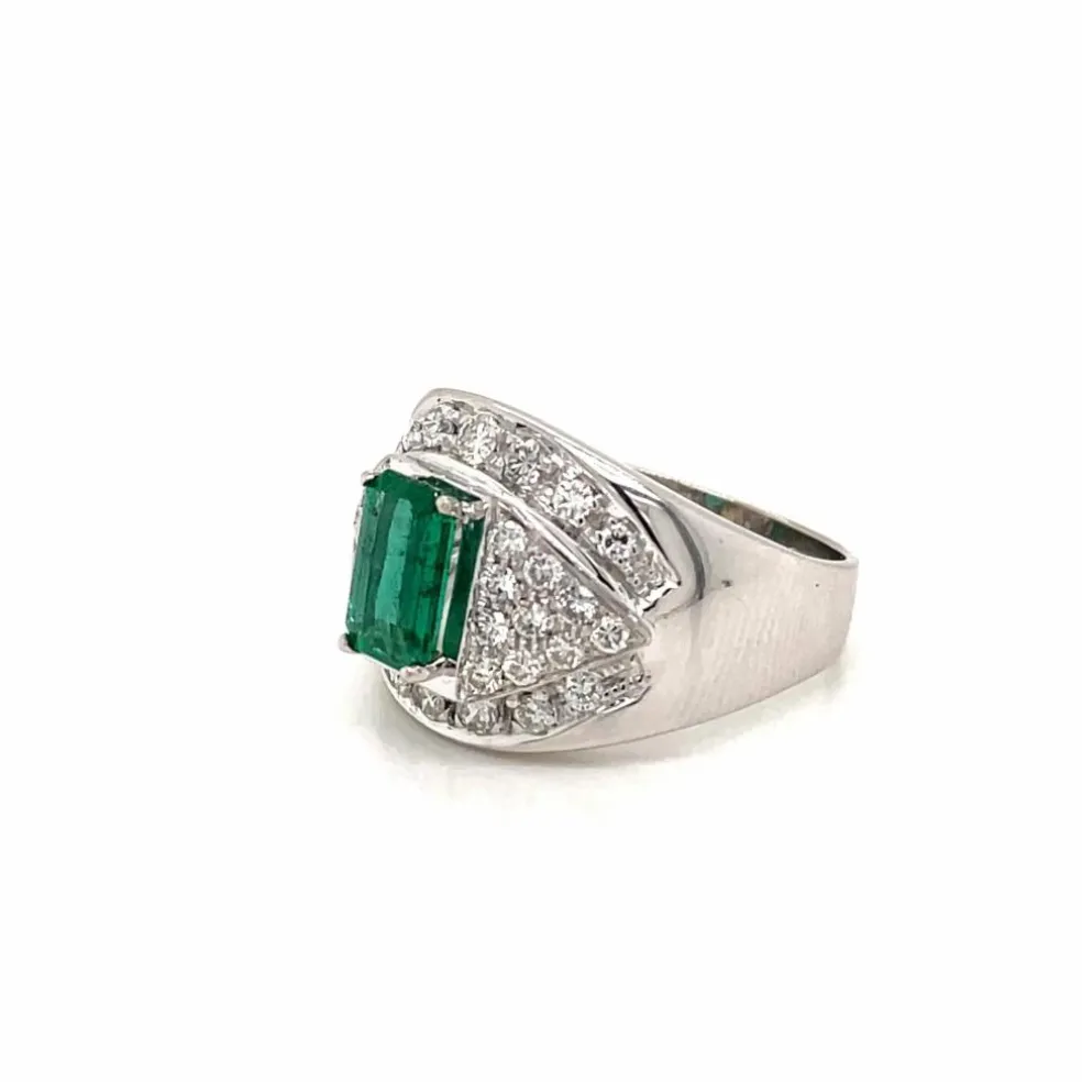 Bague de cocktail colombienne rétro en diamant émeraude