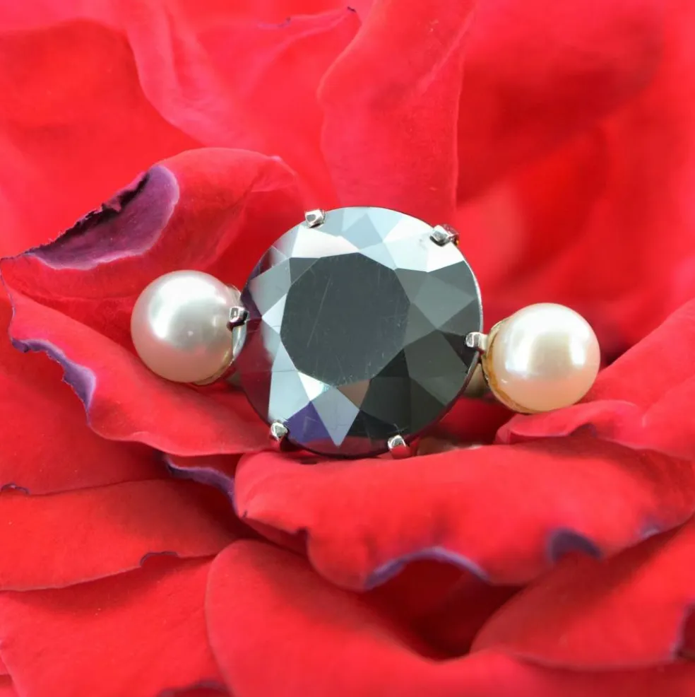Bague de cocktail hématite et perles