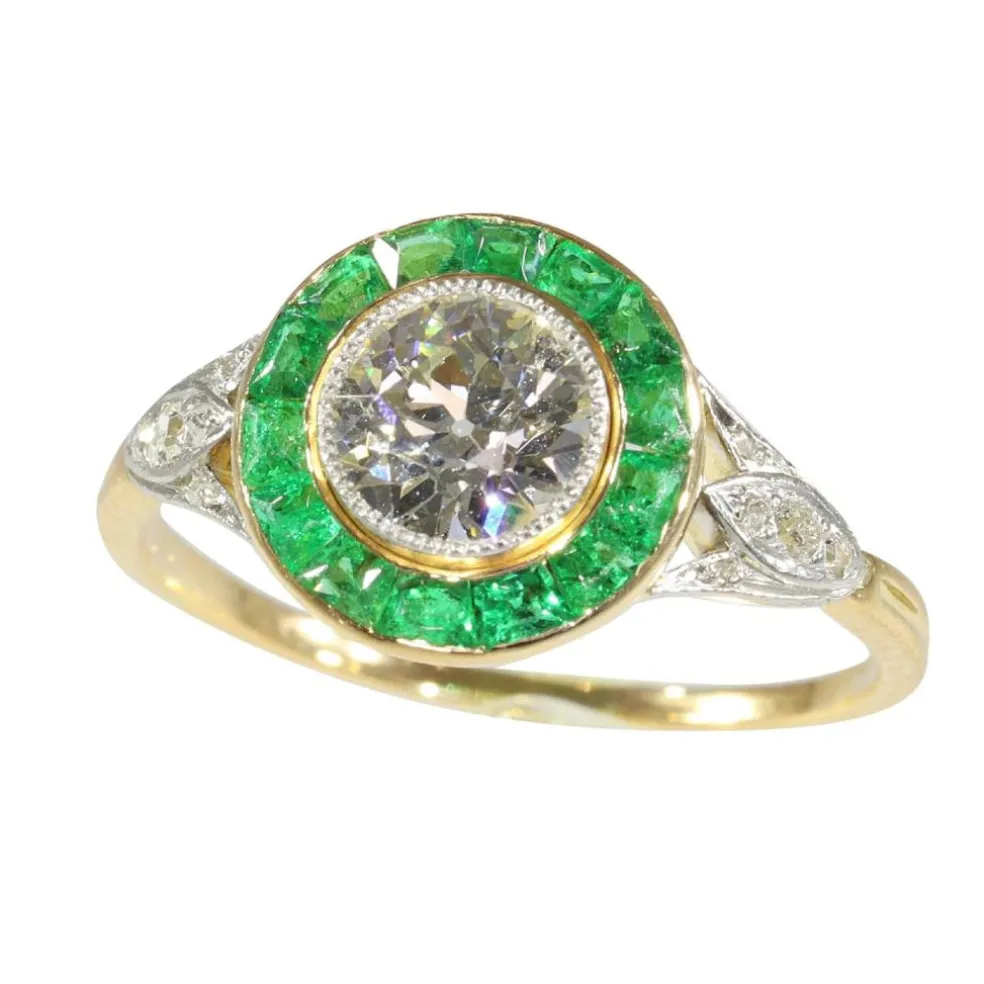 Bague de fiançailles Art Déco 1920 avec diamants et émeraude