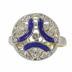 Bague de fiançailles diamant Art Déco avec émail bleu