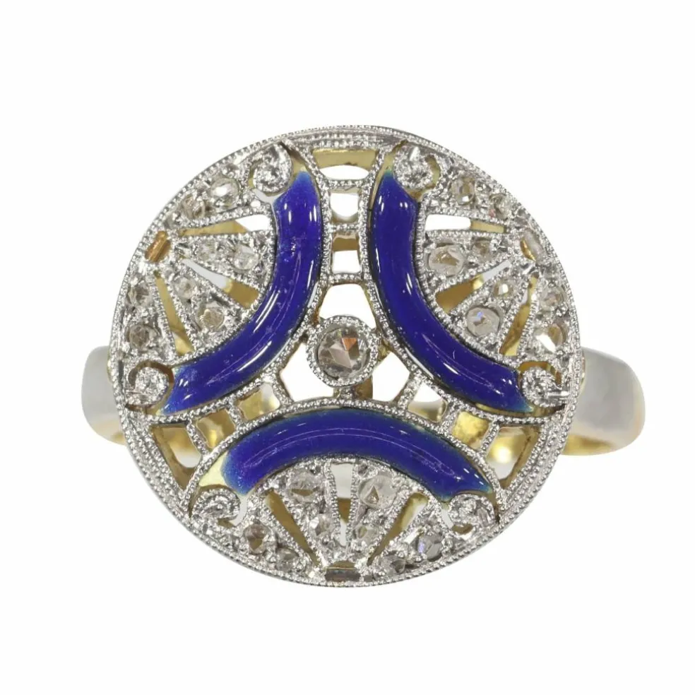 Bague de fiançailles diamant Art Déco avec émail bleu