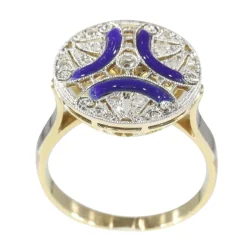 Bague de fiançailles diamant Art Déco avec émail bleu