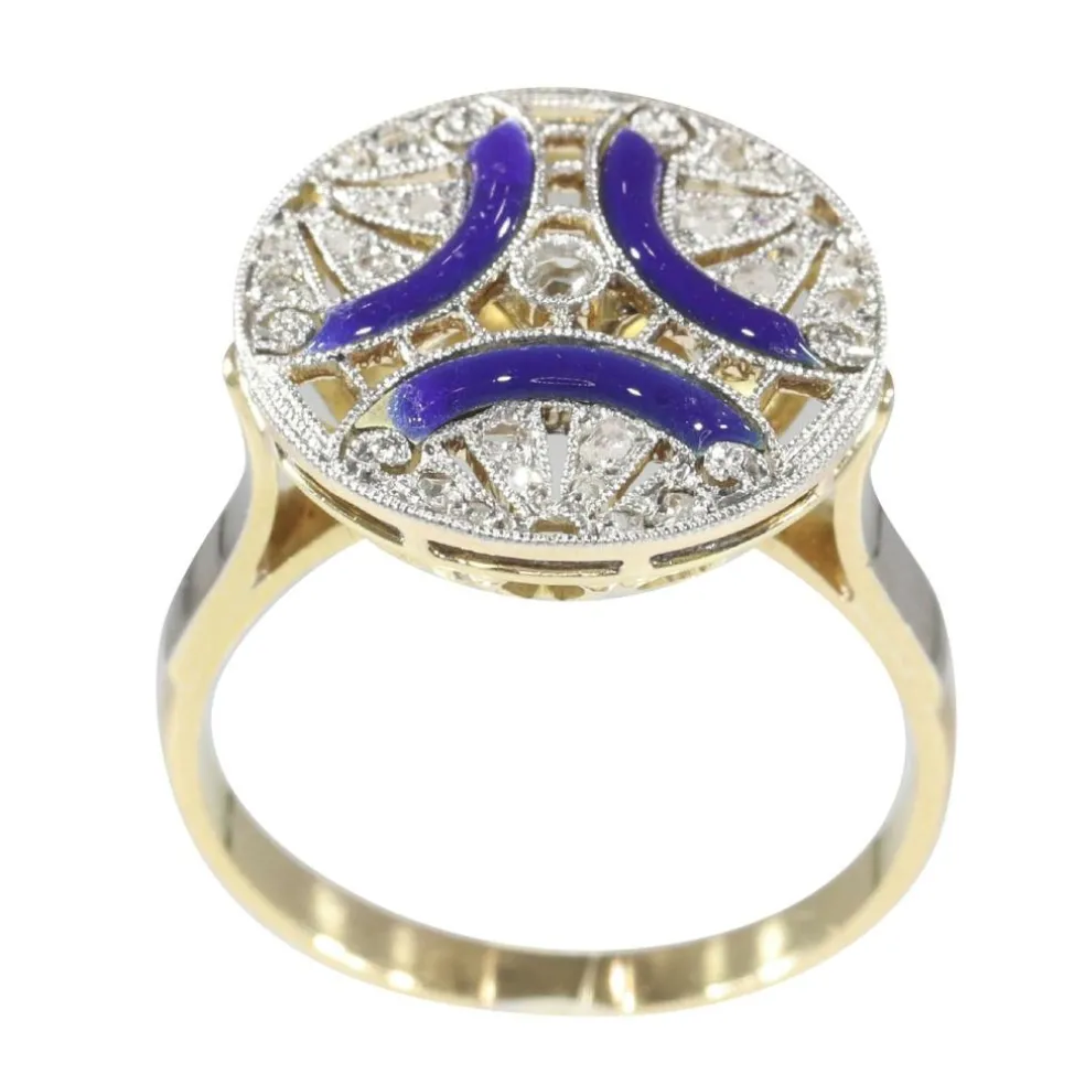 Bague de fiançailles diamant Art Déco avec émail bleu