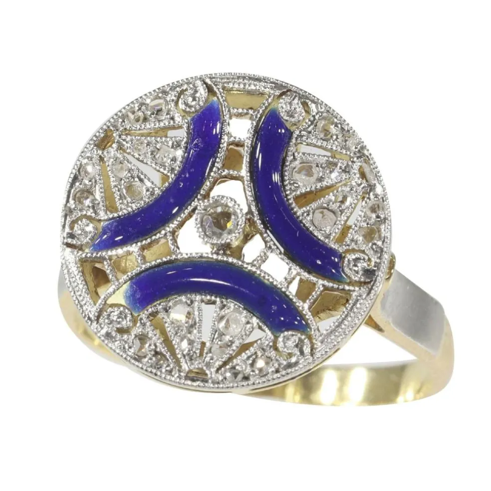 Bague de fiançailles diamant Art Déco avec émail bleu