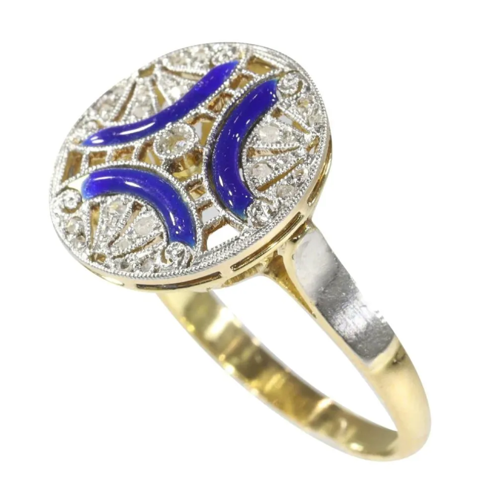 Bague de fiançailles diamant Art Déco avec émail bleu