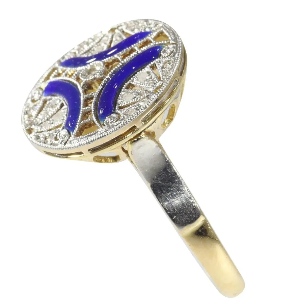 Bague de fiançailles diamant Art Déco avec émail bleu