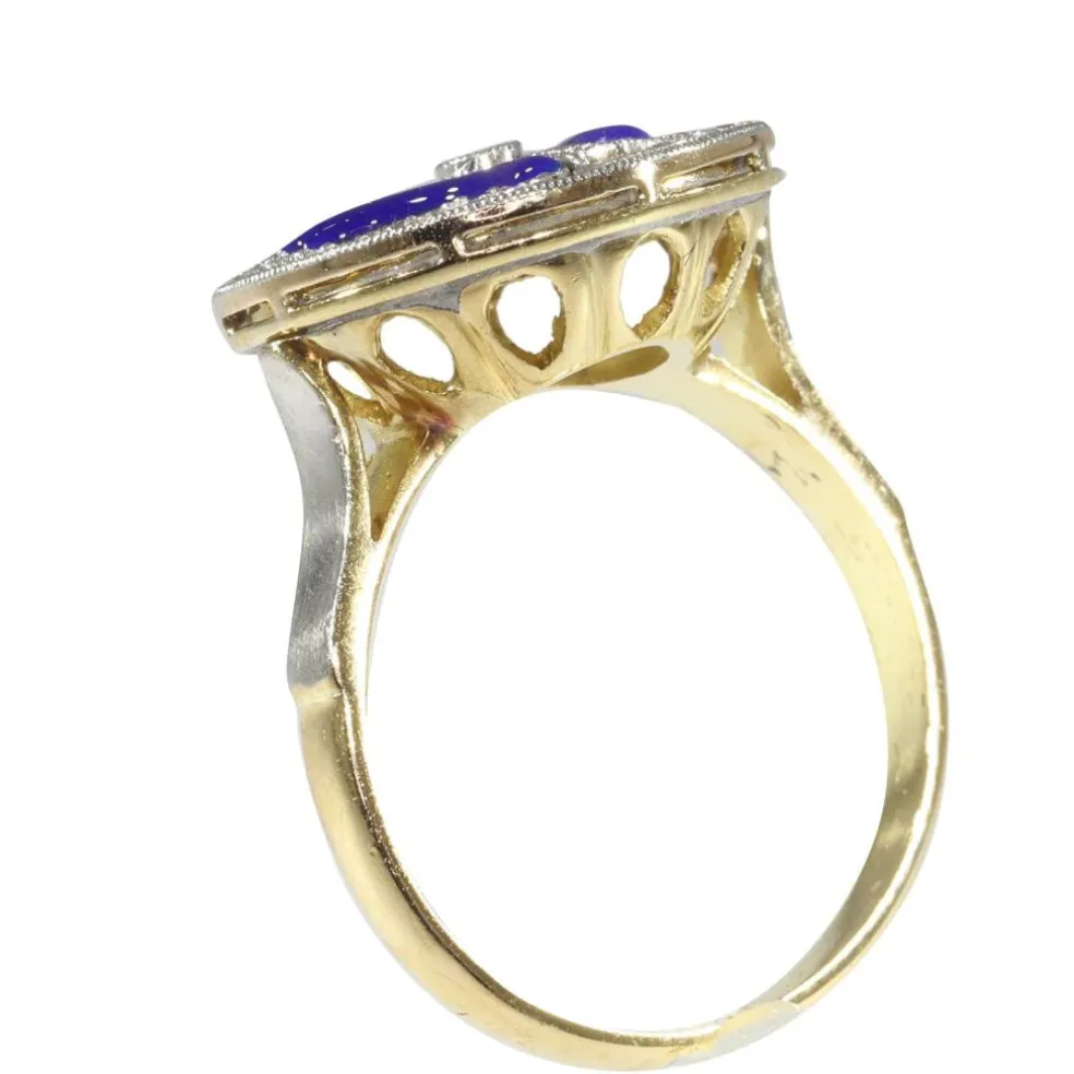 Bague de fiançailles diamant Art Déco avec émail bleu
