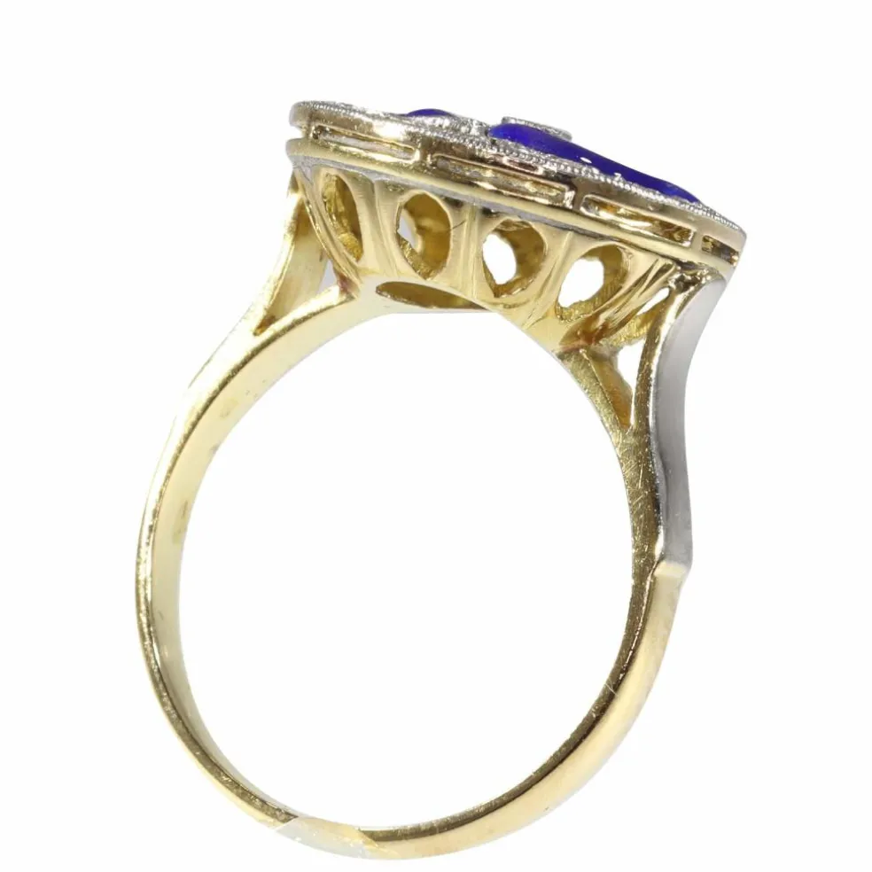 Bague de fiançailles diamant Art Déco avec émail bleu