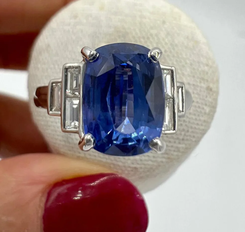 Bague de Fiançailles Saphir, diamants" Baguette" & or blanc