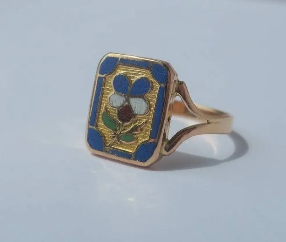 Bague de mariage régionale XIXe pensée émail or rose