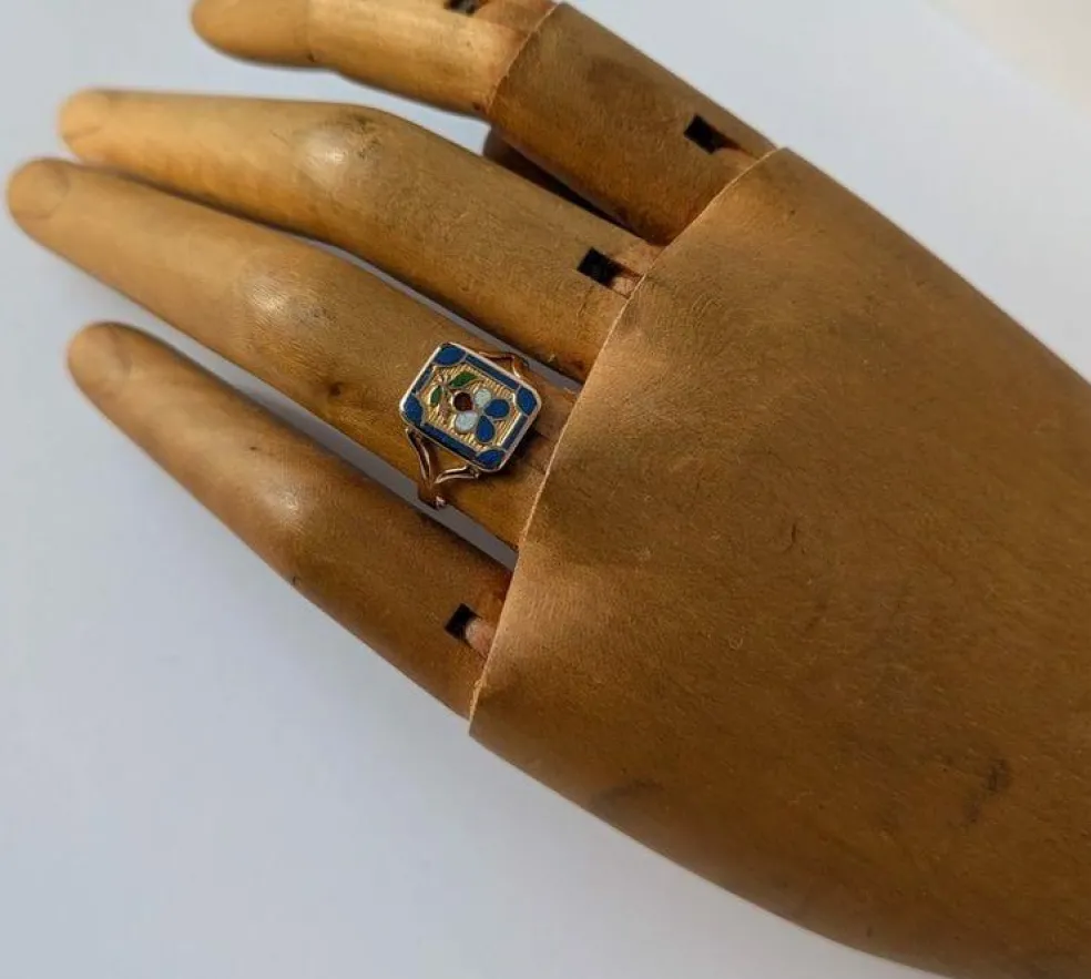 Bague de mariage régionale XIXe pensée émail or rose