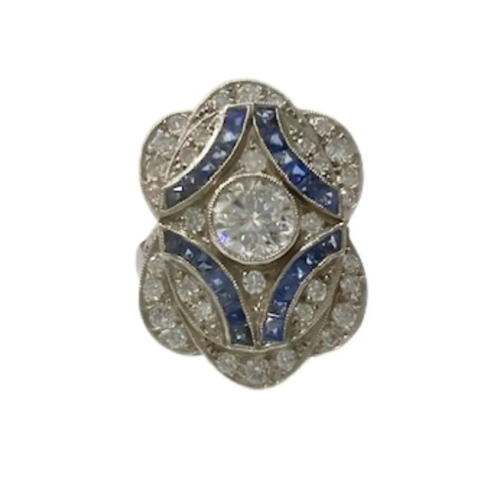 Bague de style Art Déco en platine sterling avec diamants et saphirs