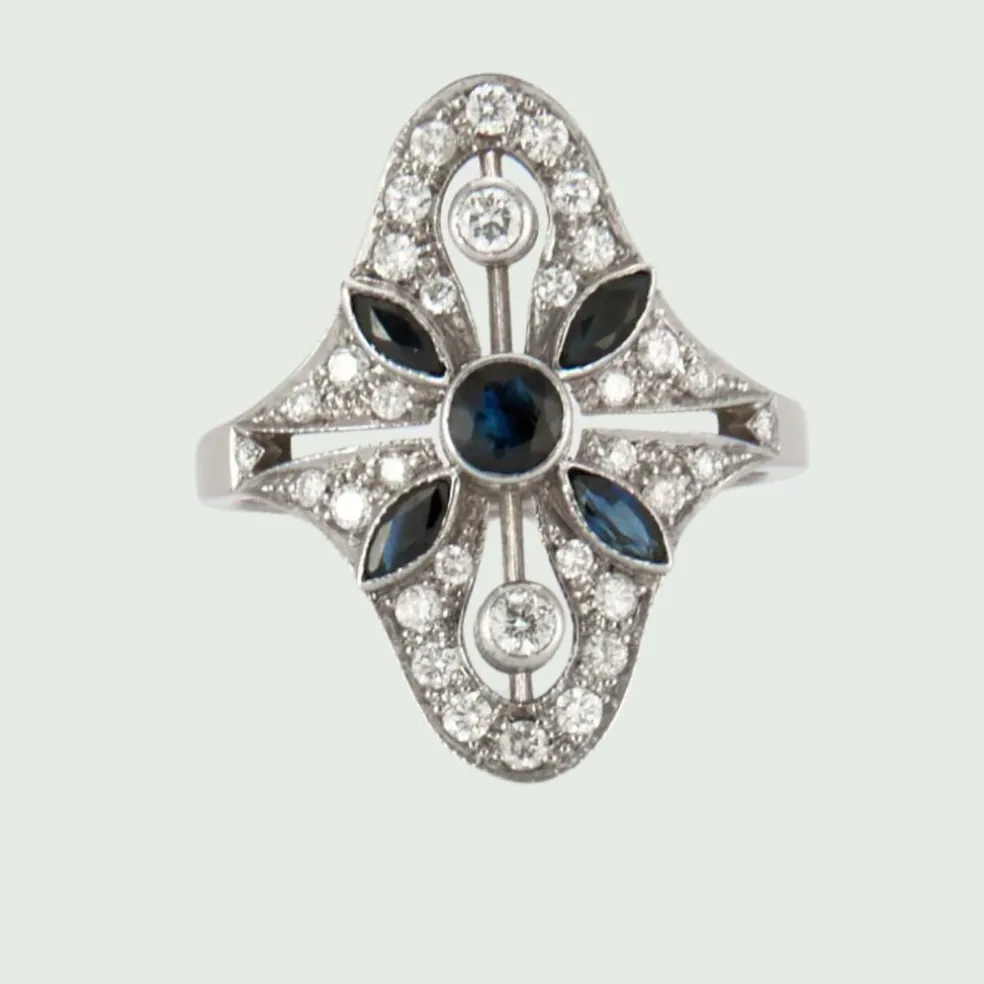 Bague de style Art déco en or 18 carats avec diamants et saphirs