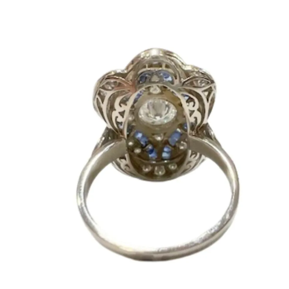 Bague de style Art Déco en platine sterling avec diamants et saphirs