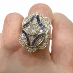 Bague de style Art Déco en platine sterling avec diamants et saphirs