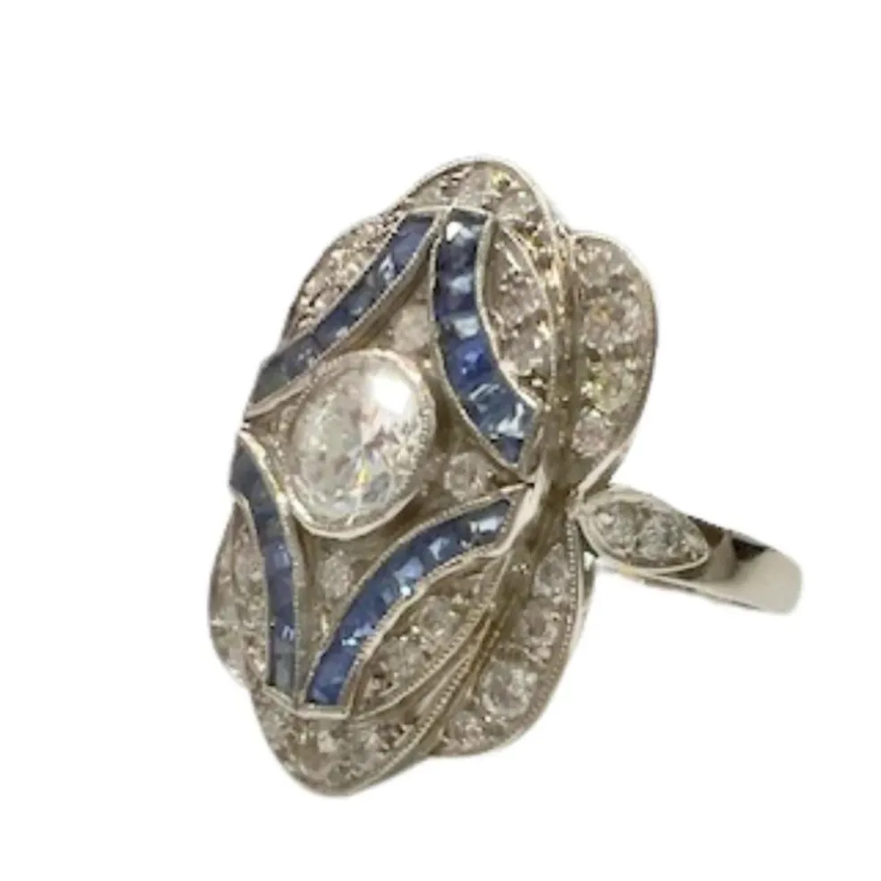 Bague de style Art Déco en platine sterling avec diamants et saphirs