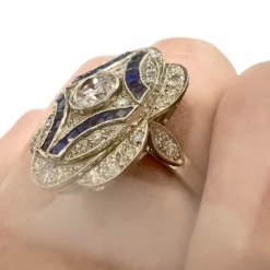 Bague de style Art Déco en platine sterling avec diamants et saphirs