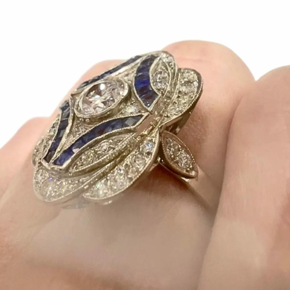 Bague de style Art Déco en platine sterling avec diamants et saphirs