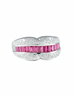 Bague demi-jonc rubis baguette rails or blanc