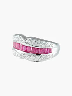 Bague demi-jonc rubis baguette rails or blanc