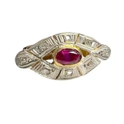 Bague design Art Déco en or 18 kt avec diamants et rubis synthétique