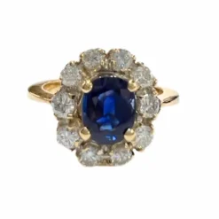Bague design Art Déco époque 1935 en or 18 kt avec diamants et saphir naturel 1 ct
