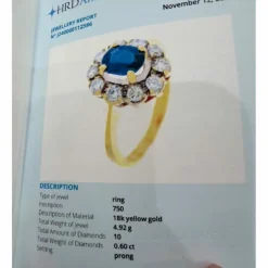 Bague design Art Déco époque 1935 en or 18 kt avec diamants et saphir naturel 1 ct