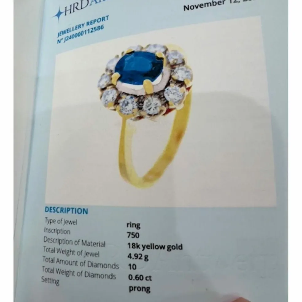 Bague design Art Déco époque 1935 en or 18 kt avec diamants et saphir naturel 1 ct