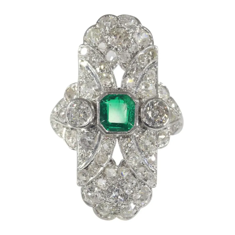 Bague diamant Art Déco, émeraude