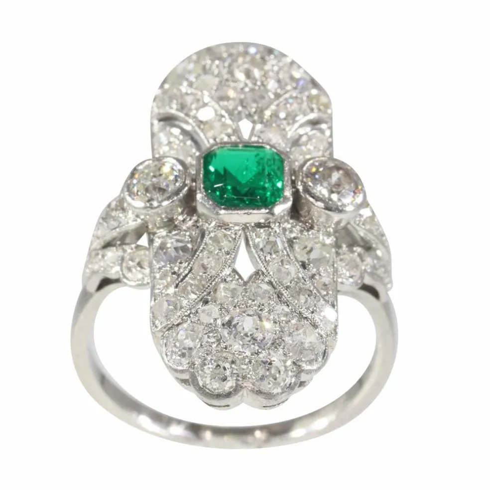 Bague diamant Art Déco, émeraude