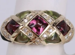 Bague diamant avec tourmaline verte et rose