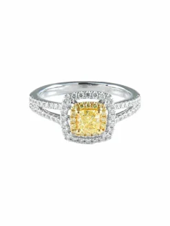 Bague diamant jaune carrée et diamants or blanc