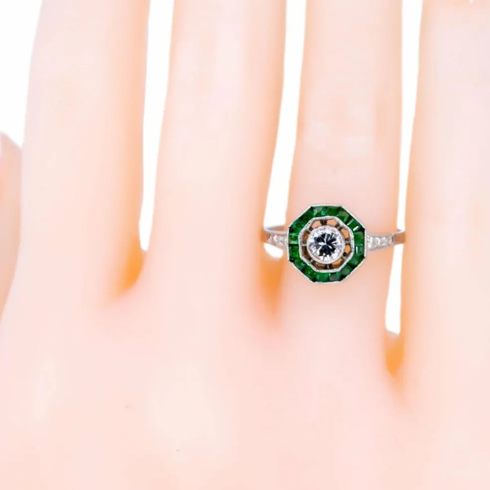 Bague Diamant, Émeraude, Platine