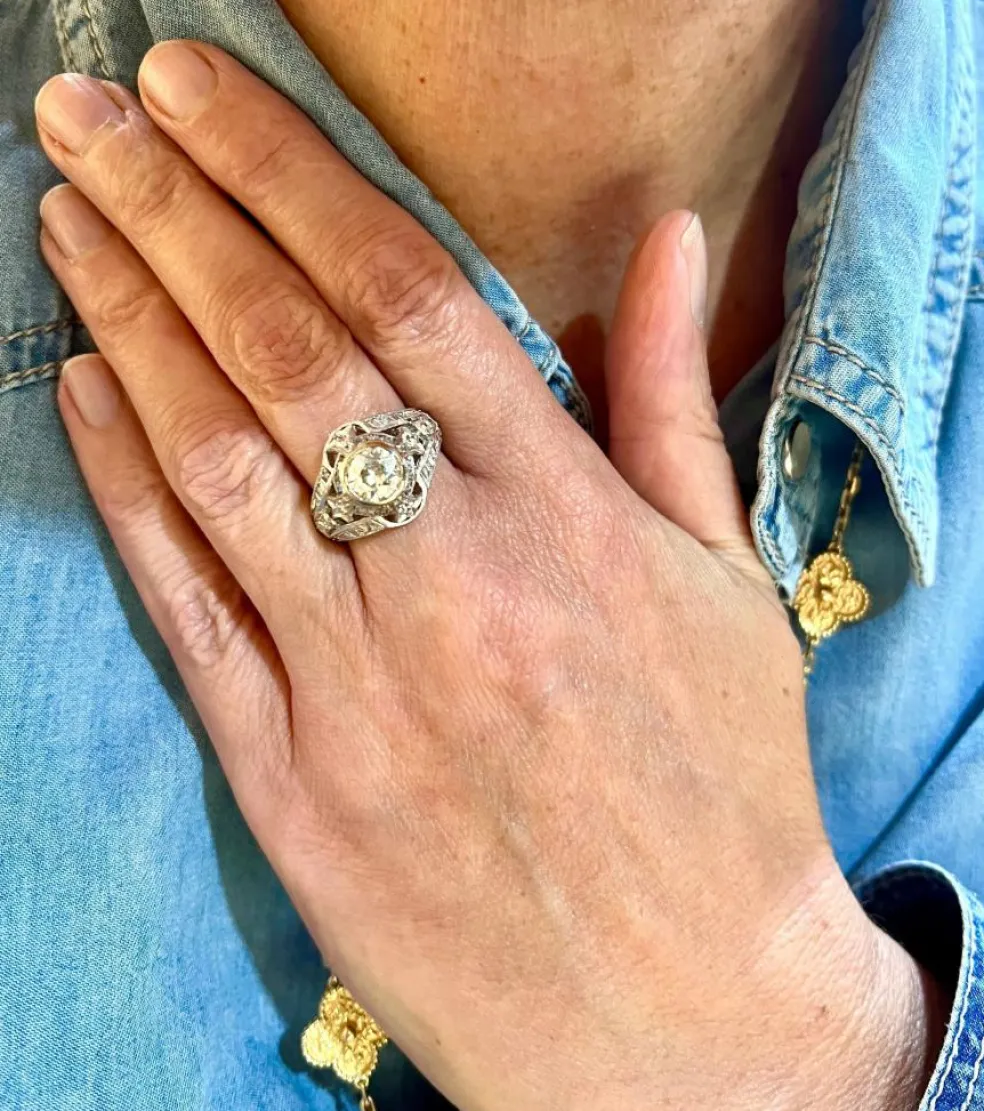 Bague diamant or blanc style art déco