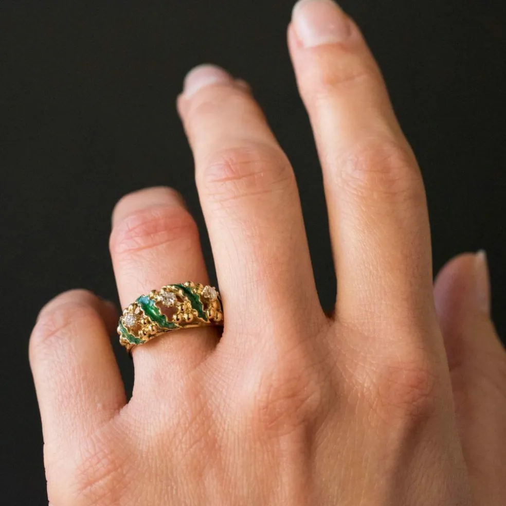 Bague diamants et émail vert