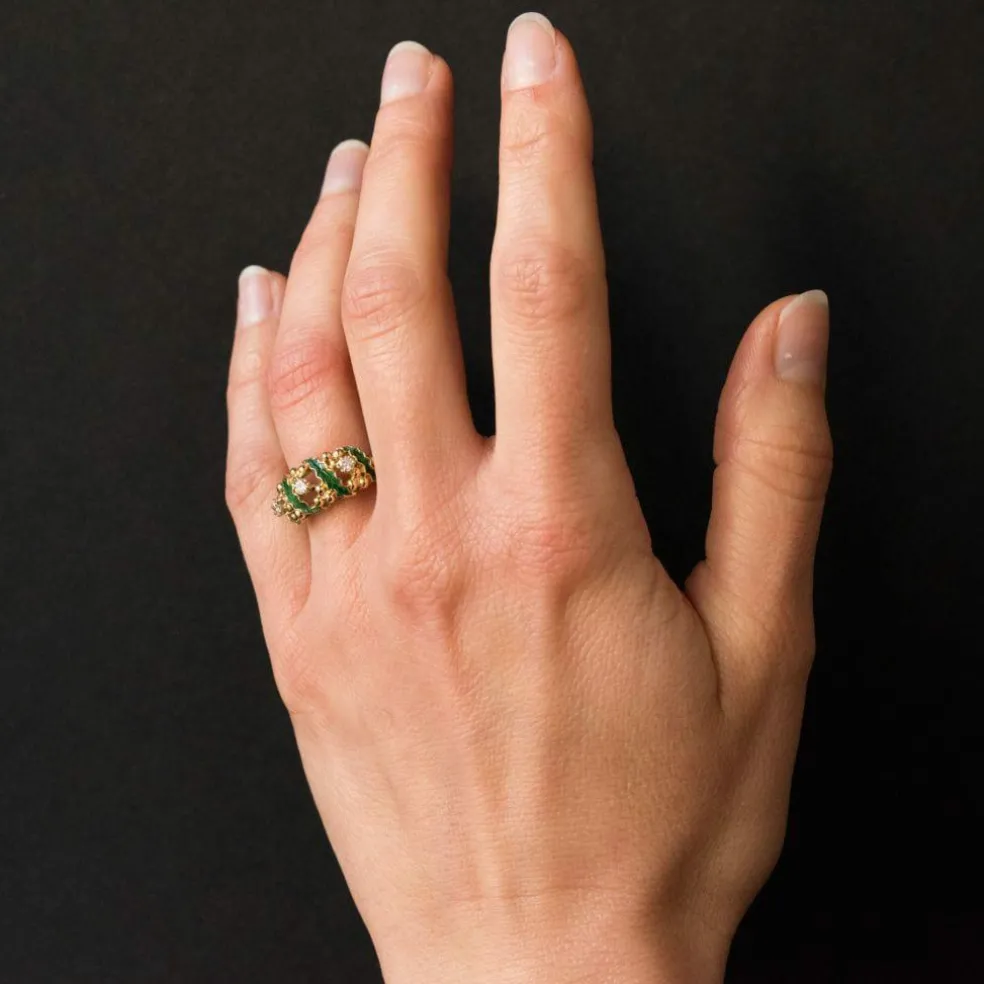 Bague diamants et émail vert