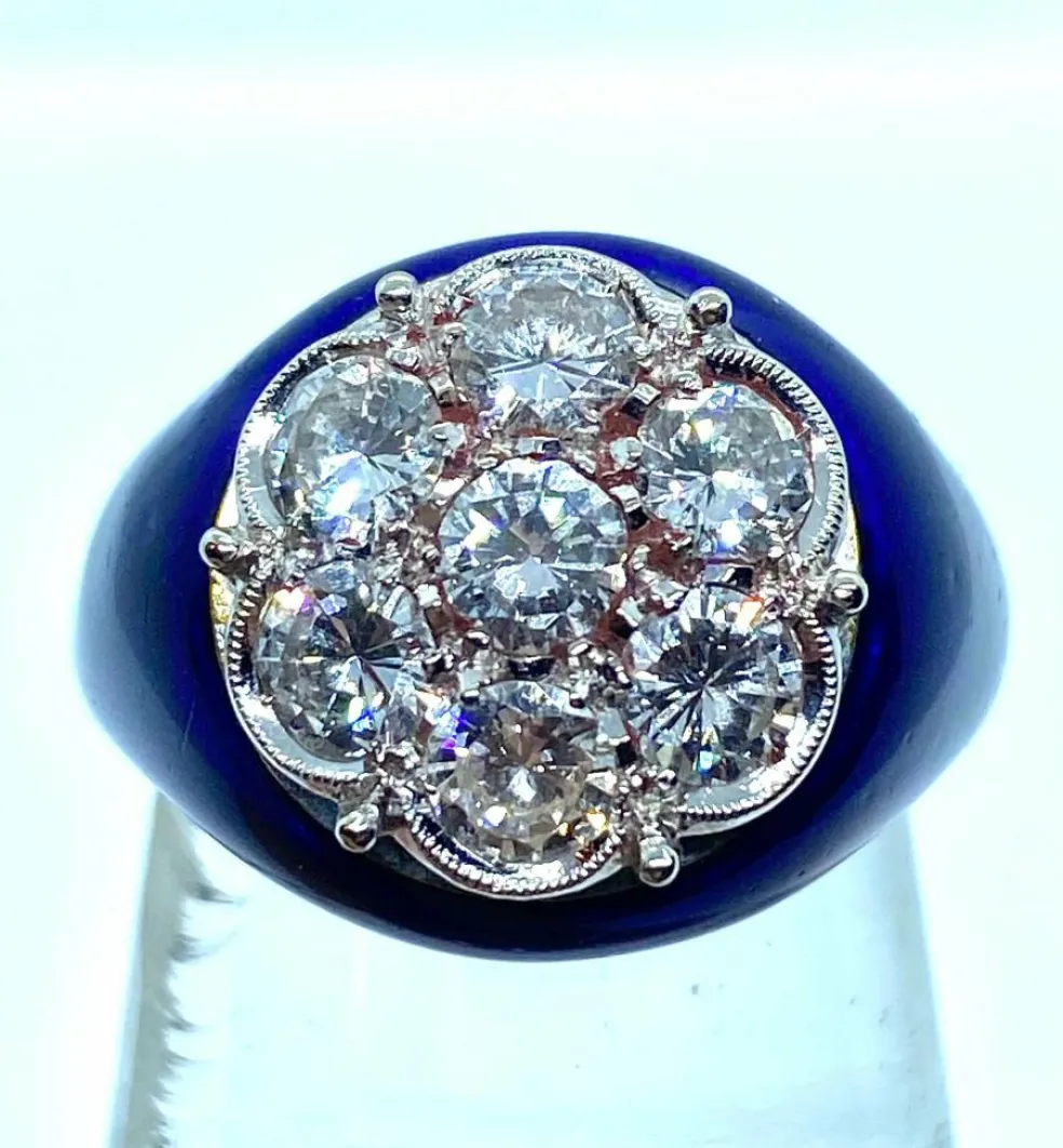 Bague diamants émaillés bleus