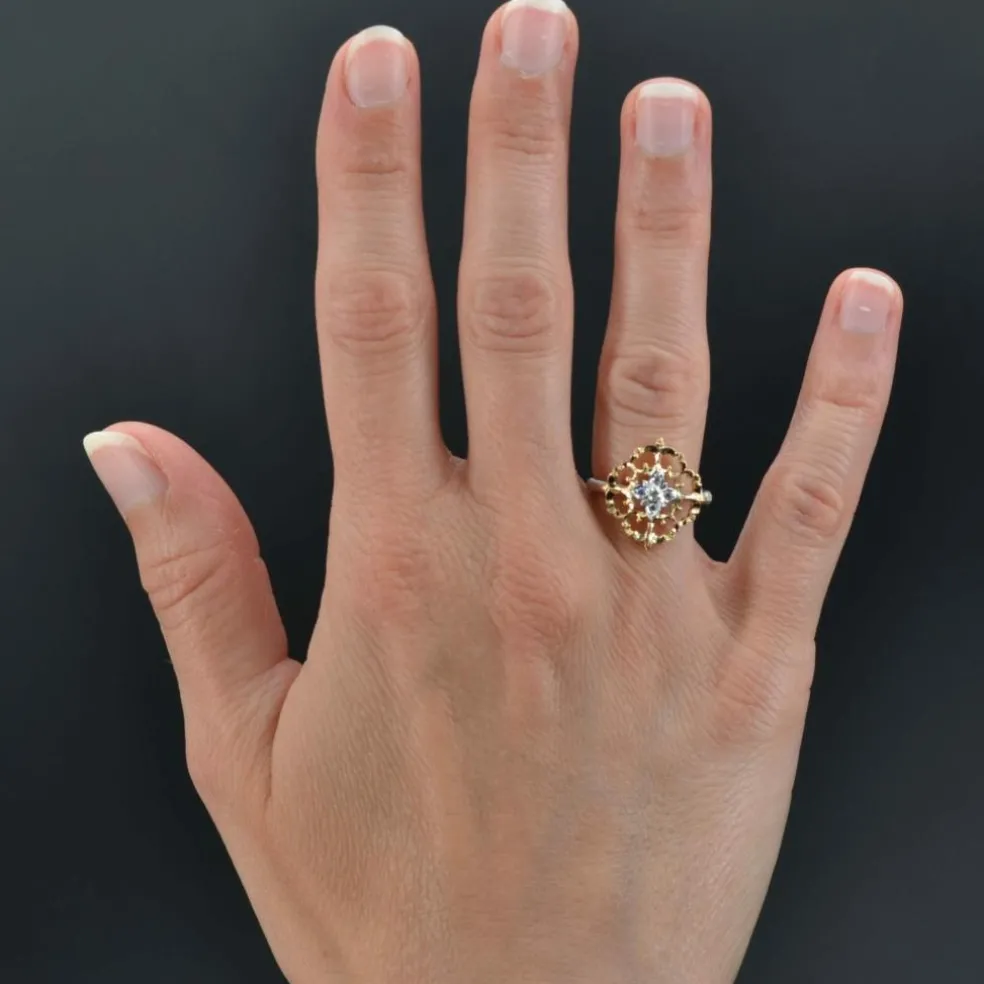 Bague diamants ors jaune et blanc arabesques grand modèle